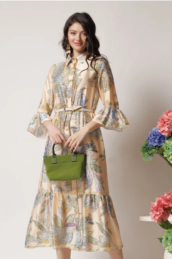 Rochie lunga de zi din satin bej cu imprimeuri si cordon in talie