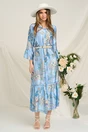 Rochie lunga de zi din satin bleu cu imprimeuri si cordon in talie