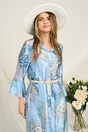 Rochie lunga de zi din satin bleu cu imprimeuri si cordon in talie