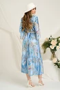 Rochie lunga de zi din satin bleu cu imprimeuri si cordon in talie