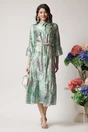 Rochie lunga de zi din satin verde mint cu imprimeuri si cordon in talie