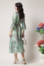 Rochie lunga de zi din satin verde mint cu imprimeuri si cordon in talie