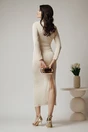 Rochie lunga eleganta din lycra bej cu fronseuri