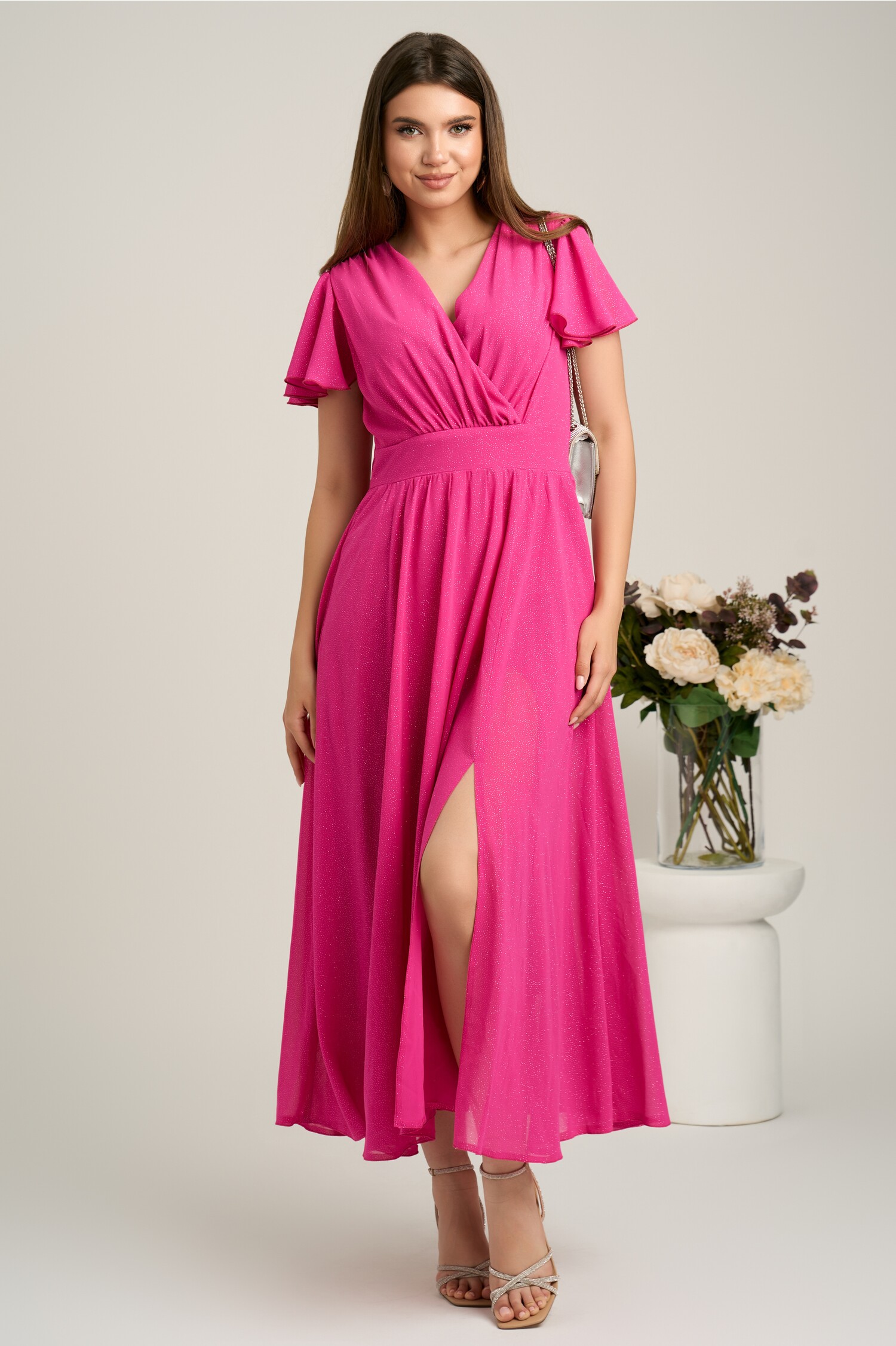 Rochie lunga fucsia din voal in clos cu glitter- Moze
