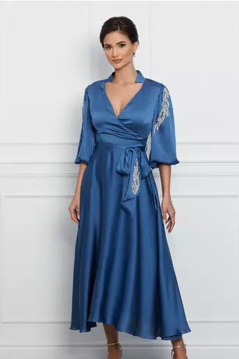 Rochie Magdalena albastra din satin cu strasuri pe maneci