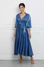Rochie Magdalena albastra din satin cu strasuri pe maneci