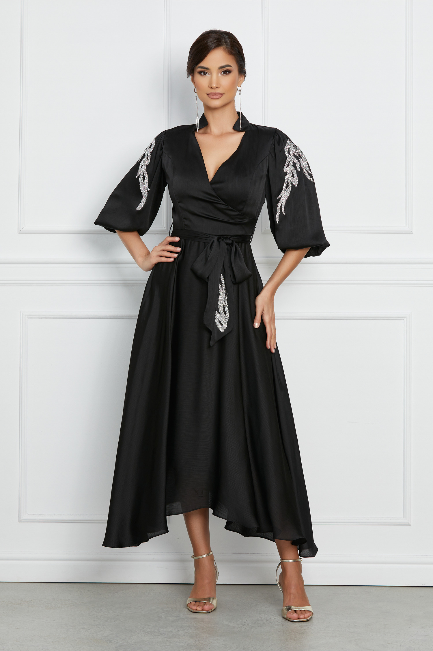 Rochie Magdalena neagra din satin cu strasuri pe maneci - Rochii-Dama.ro