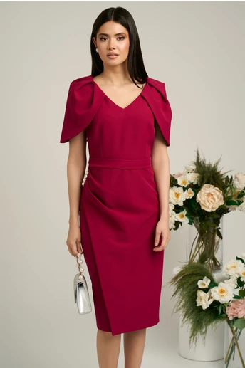 Rochie magenta de ocazie cu maneci lalea si perle pe talie