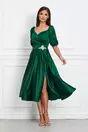 Rochie Malvena verde din satin cu aplicatie in talie