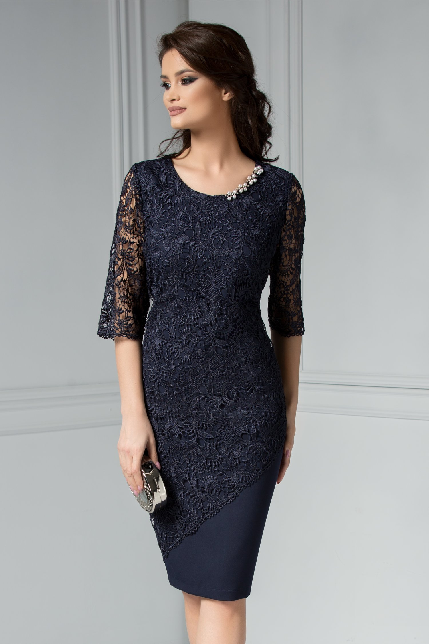 Rochie Malvina bleumarin de ocazie din dantela