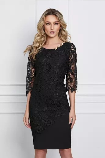 Rochie Malvina neagra cu dantela si accesoriu la decolteu