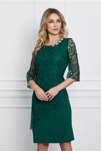 Rochie Malvina verde cu dantela si accesoriu la decolteu