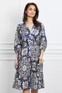 Rochie Mara bleumarin cu imprimeuri ivory si decolteu in V