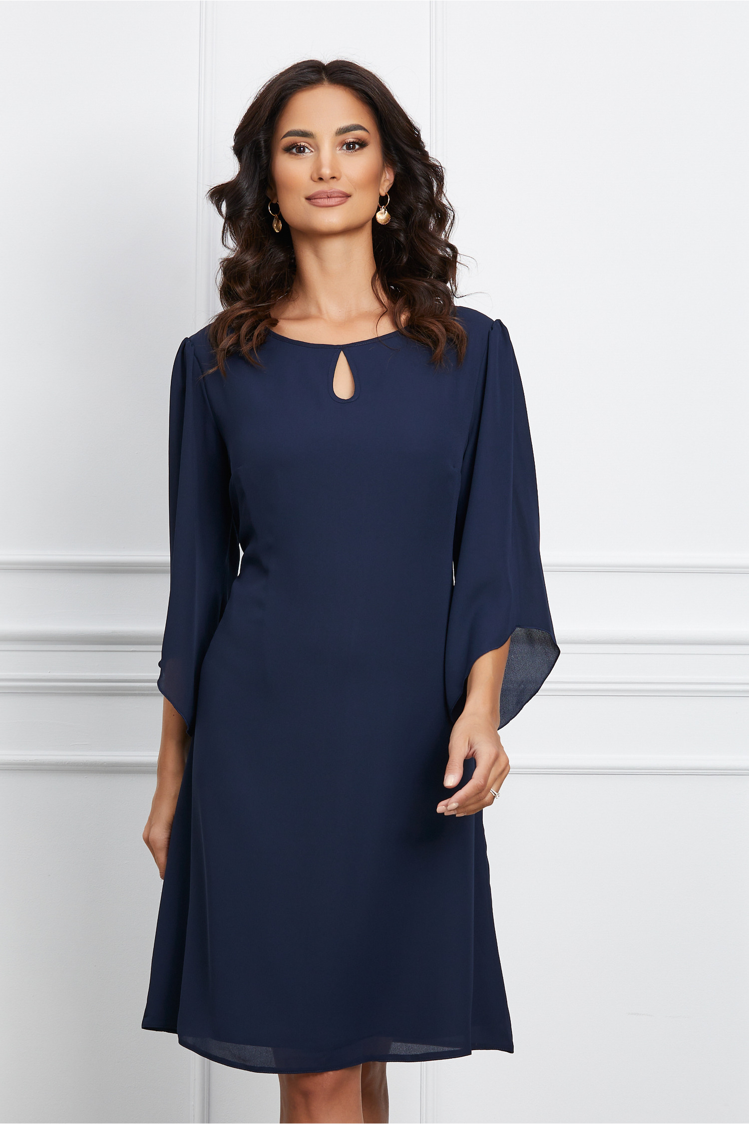 Rochie office bleumarin din voal cu imprimeu divers