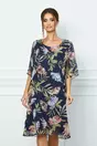 Rochie Mara bleumarin din voal cu picatele in relief si imprimeu floral