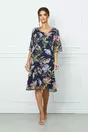 Rochie Mara bleumarin din voal cu picatele in relief si imprimeu floral