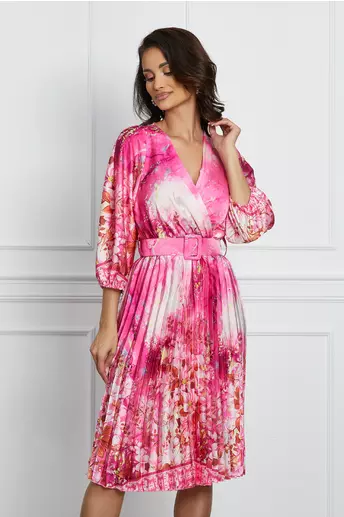Rochie Mara fucsia cu imprimeuri florale roz si decolteu in V