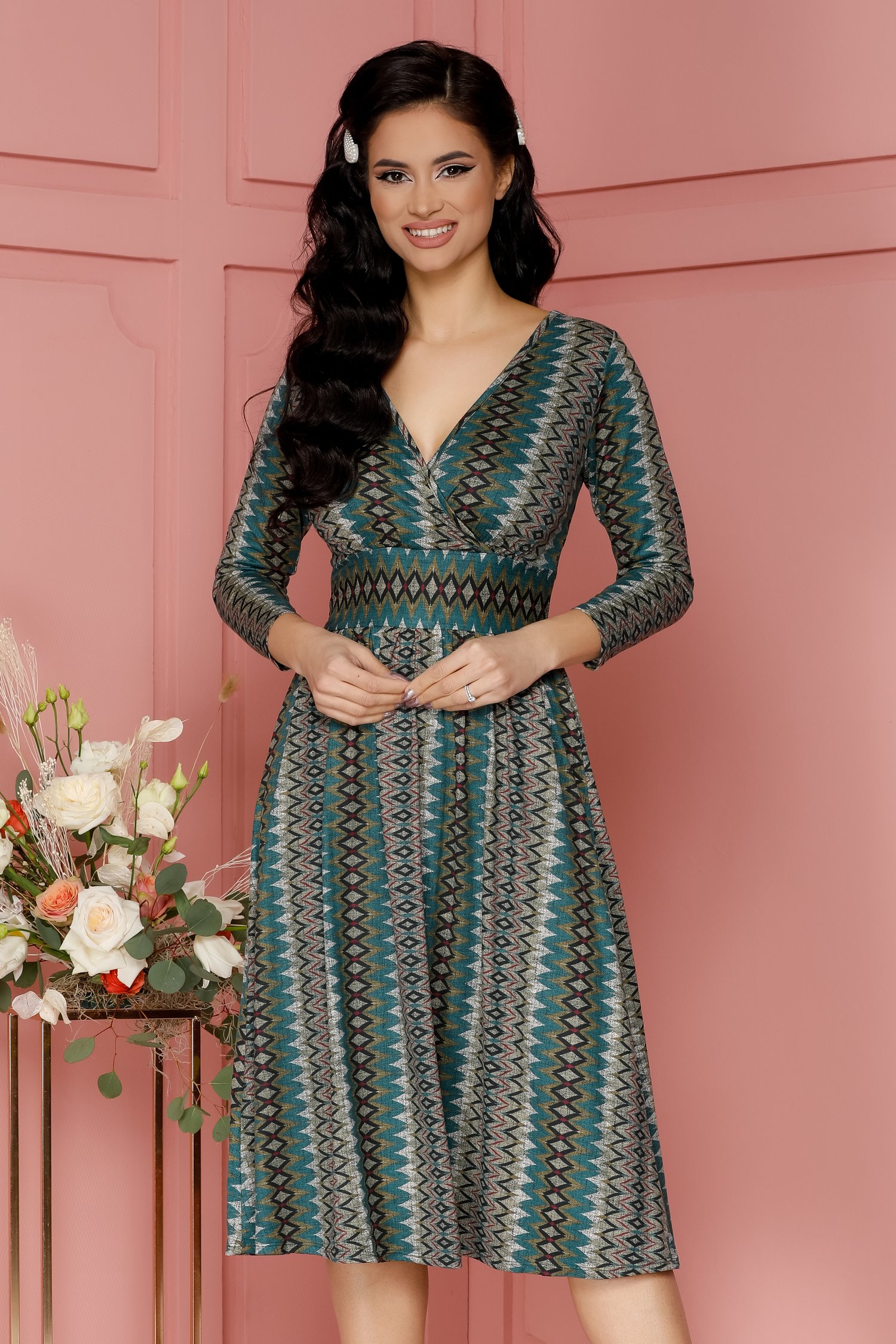 Rochie Marella kaki cu imprimeu geometric in nuante reci