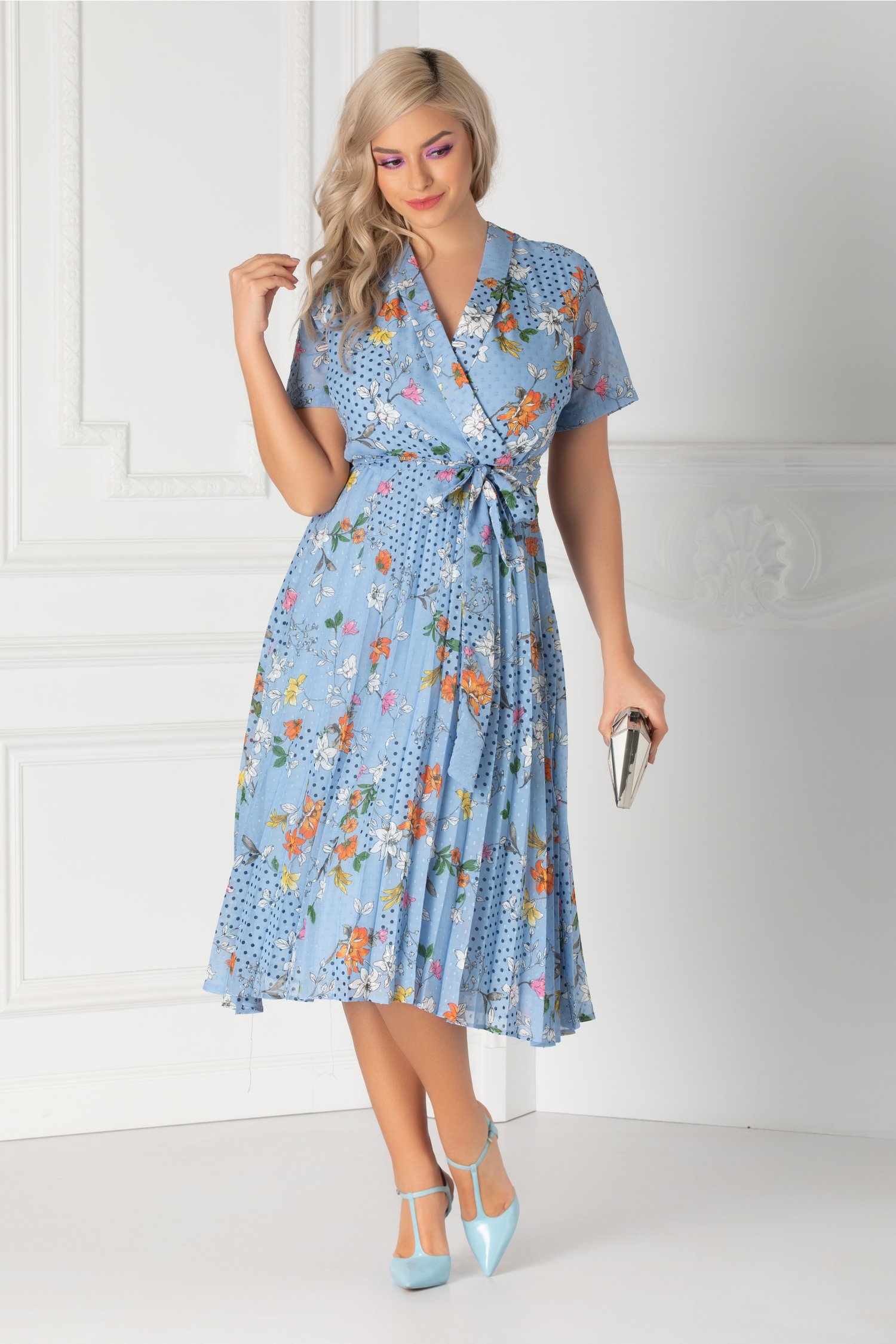 Rochie Margi bleu cu buline si imprimeu floral orange
