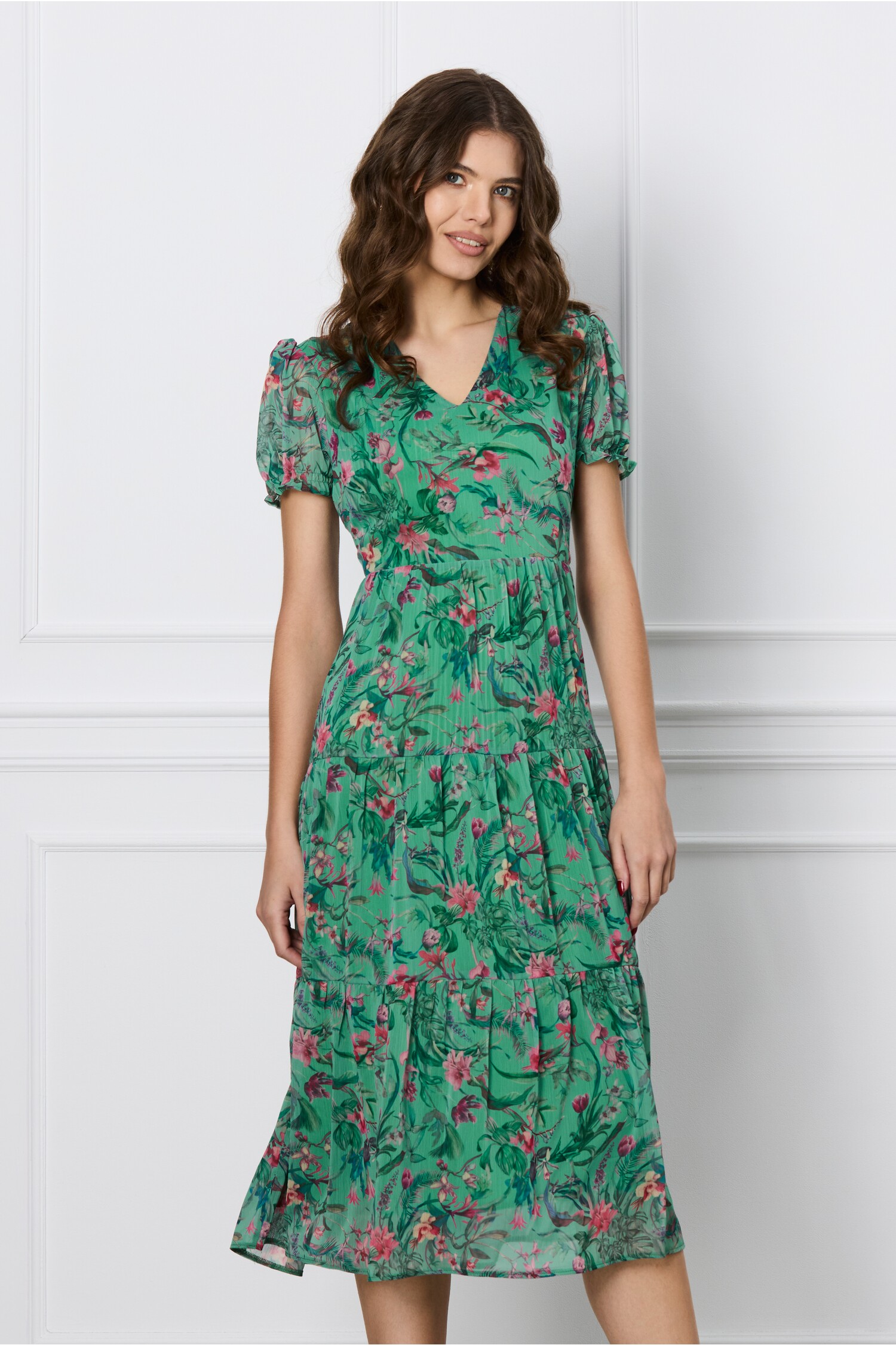 Rochie Maria verde cu imprimeu floral roz