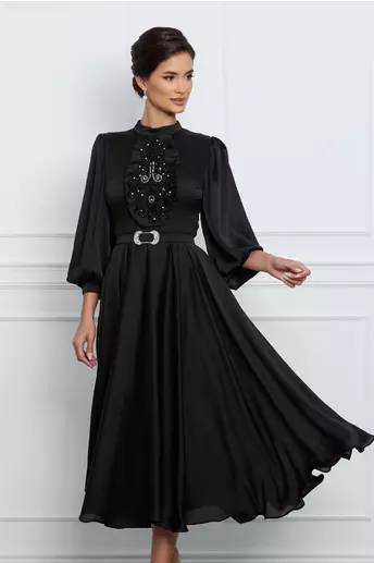 Rochie Marina neagra din satin cu margelute la bust