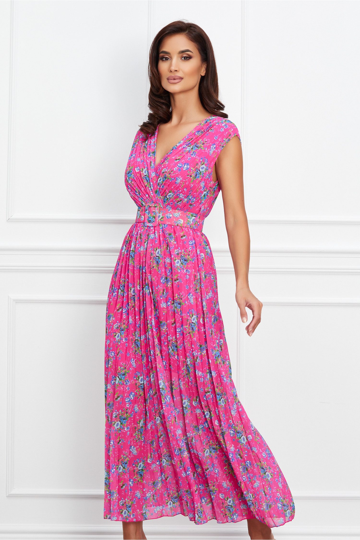 Rochie fucsia albastru din voal plisat