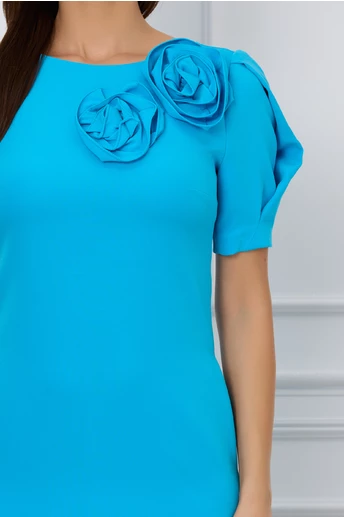 Rochie MBG albastra cu flori maxi pe bust