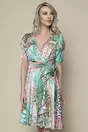 Rochie MBG bej cu imprimeu exotic verde si cordon in talie
