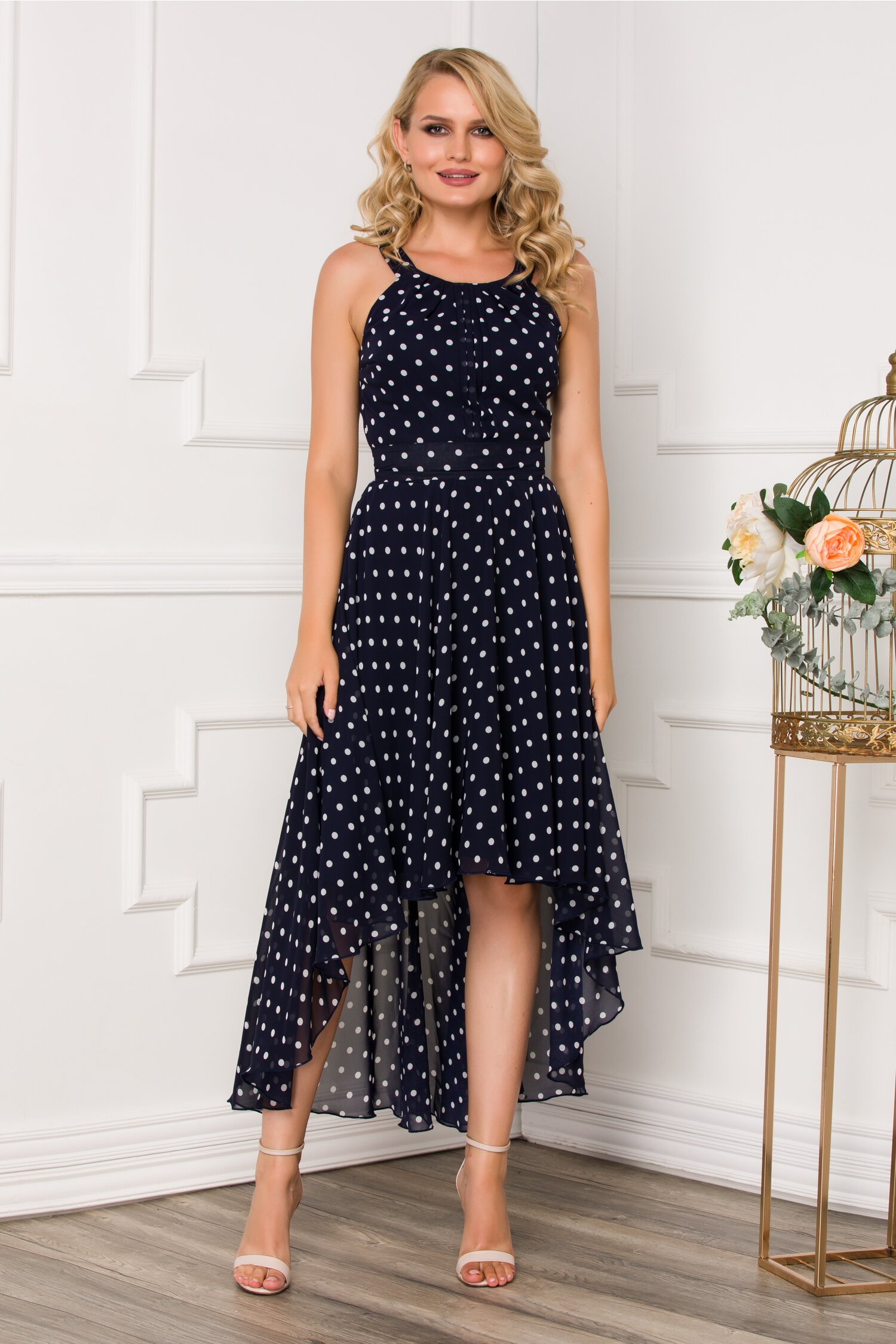 Rochie MBG bleumarin cu buline si talie marcata