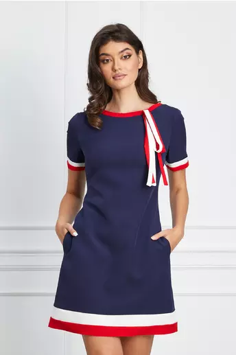 Rochie MBG bleumarin cu buzunare si snur la baza gatului