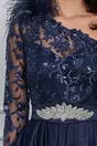 Rochie MBG bleumarin cu pene la umar si brau cu strasuri