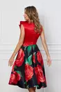 Rochie MBG cu bust rosu si fusta bleumarin cu flori