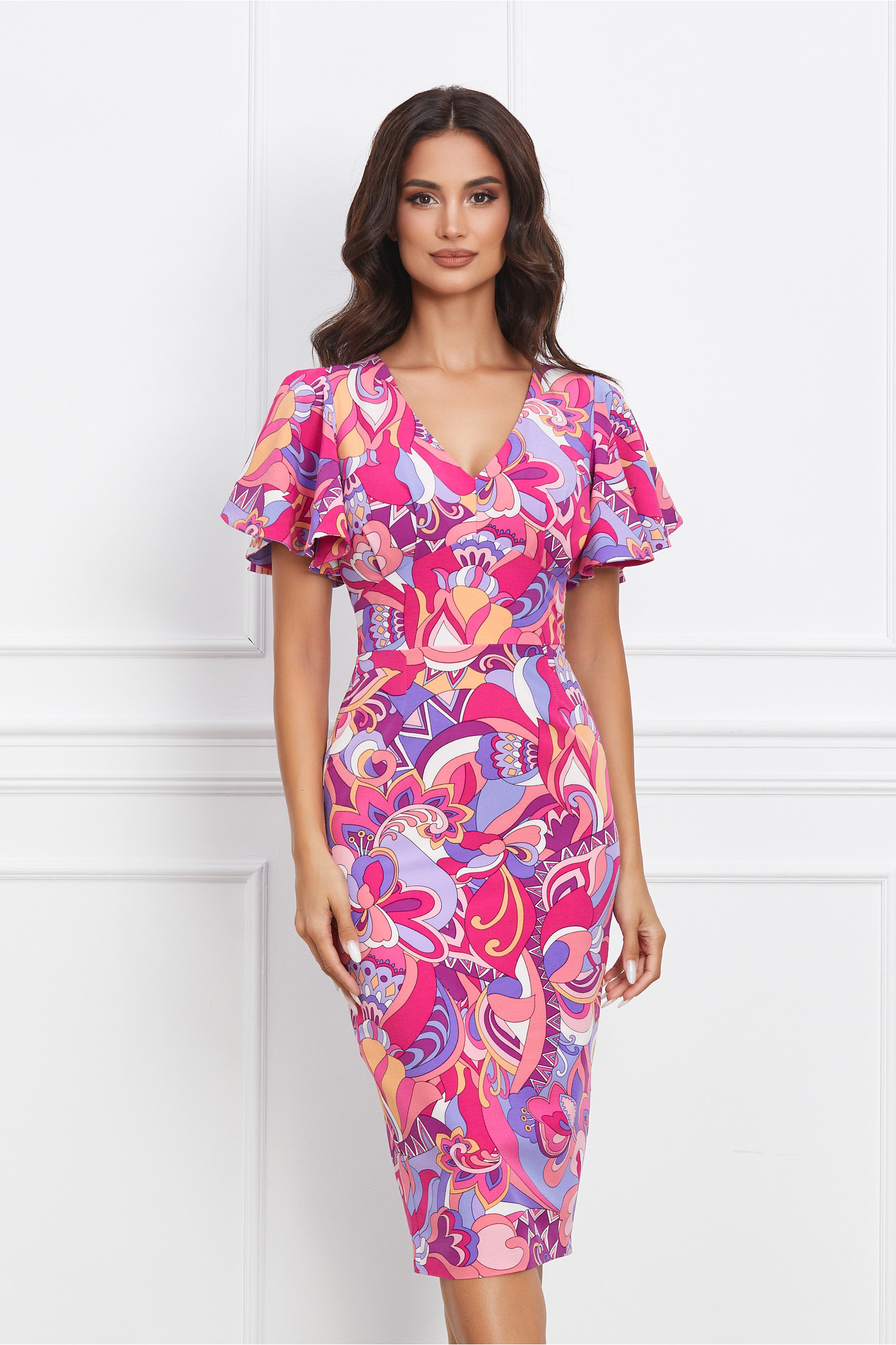 Rochie fucsia cu imprimeuri mov