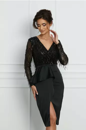 Rochie MBG neagra cu franjuri din paiete si peplum in talie