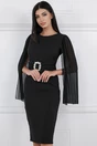 Rochie MBG neagra cu maneci din voal si accesoriu in talie