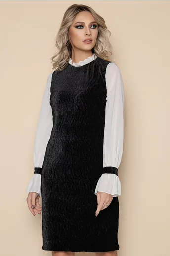 Rochie MBG neagra din catifea cu maneci albe