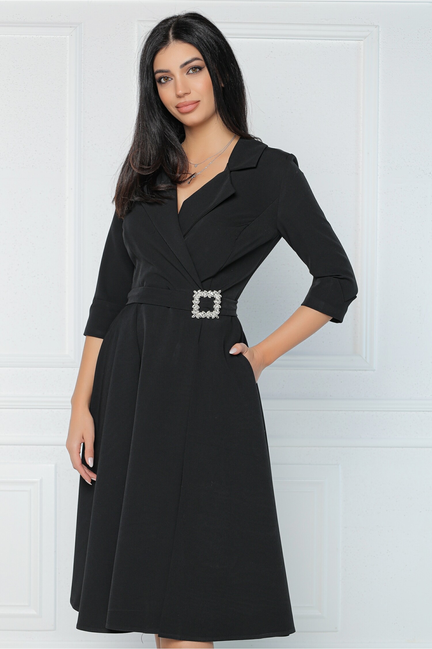 Rochie MBG office din stofa neagra cu catarama in talie