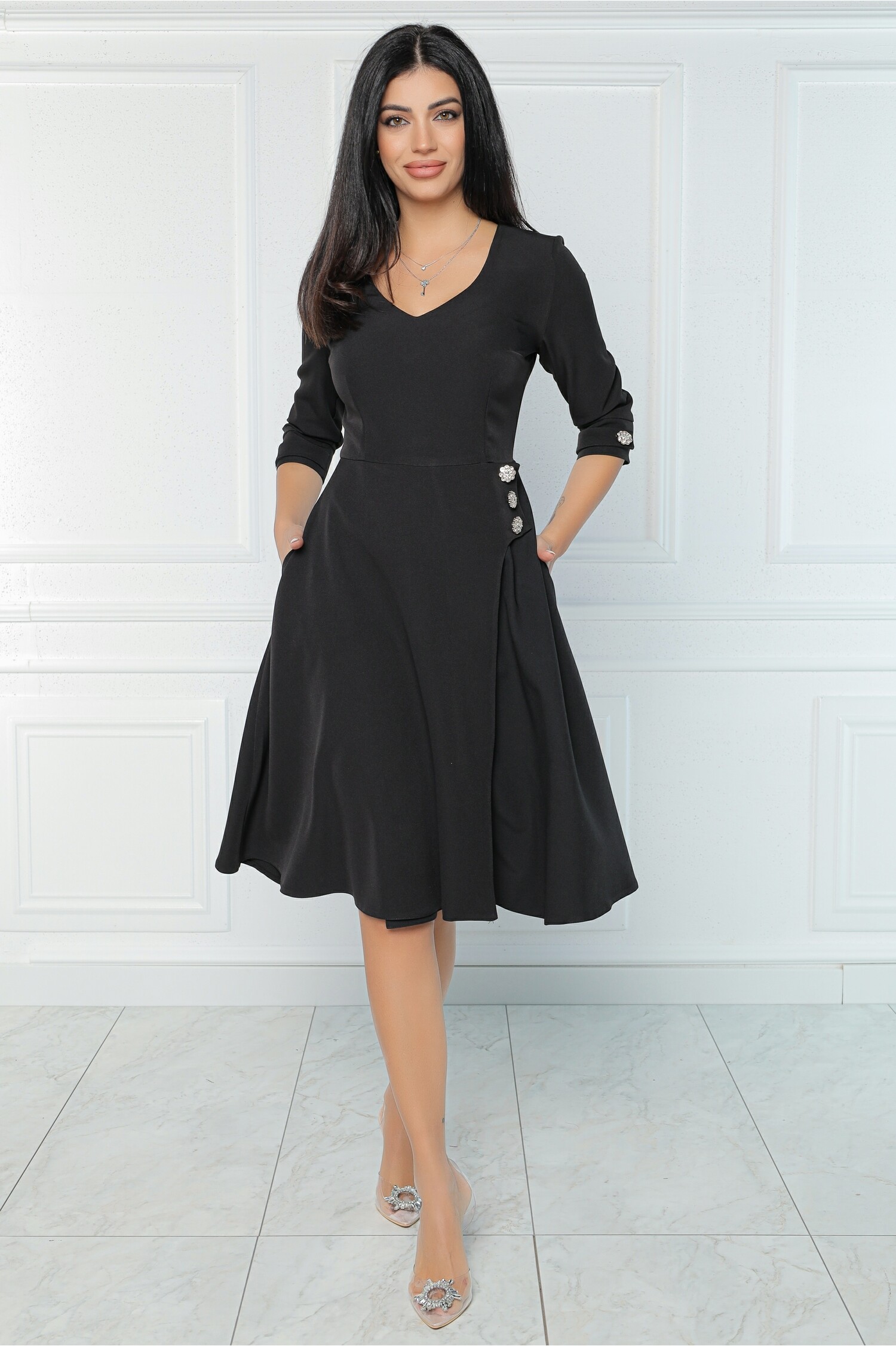 Rochie MBG office din stofa neagra cu nasturi in talie