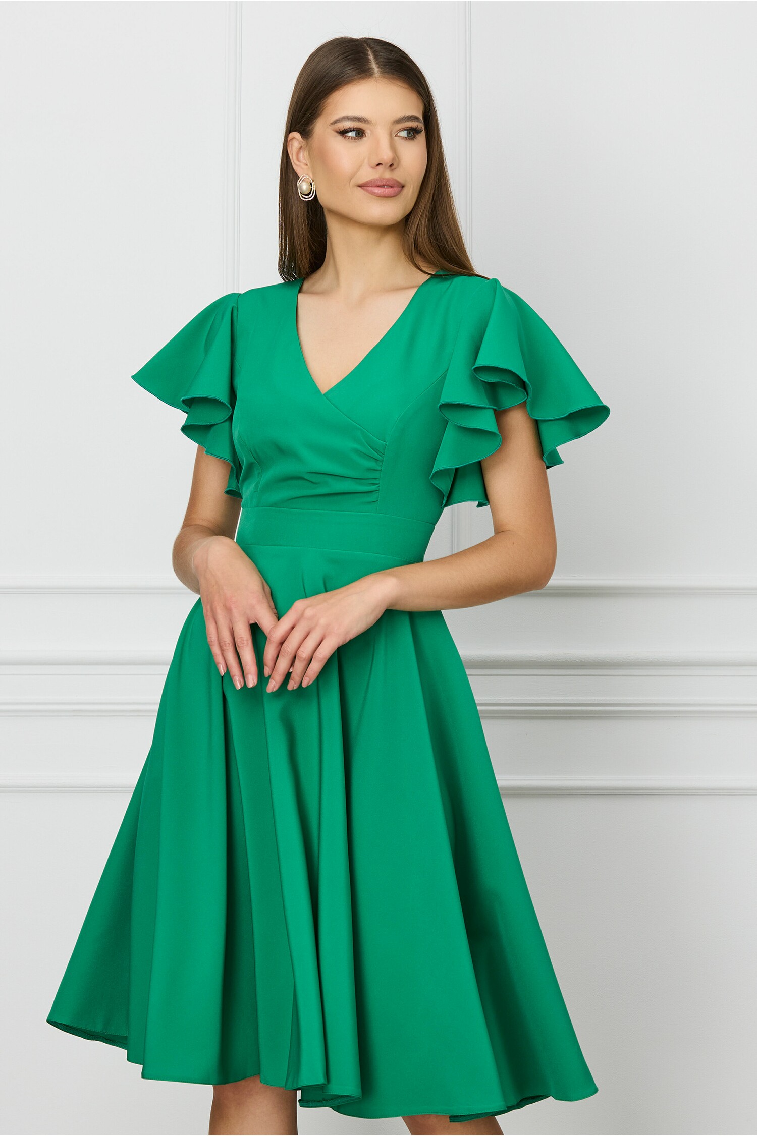 Rochie MBG verde cu volane la maneci