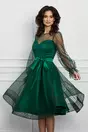 Rochie MBG verde din tull cu buline si cordon satinat in talie