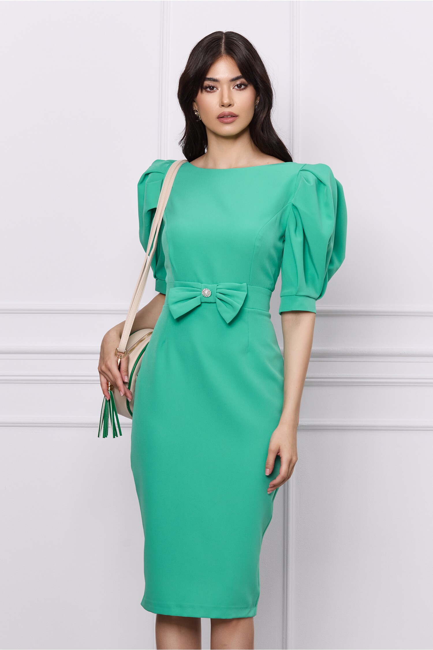 Rochie MBG verde mint cu funda in talie