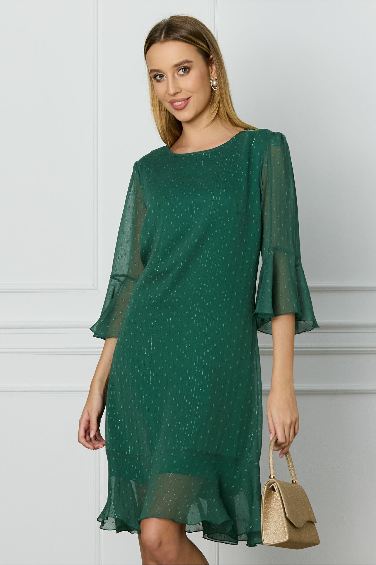 Rochie verde cu insertii din fir lurex - Rochii-Dama.ro