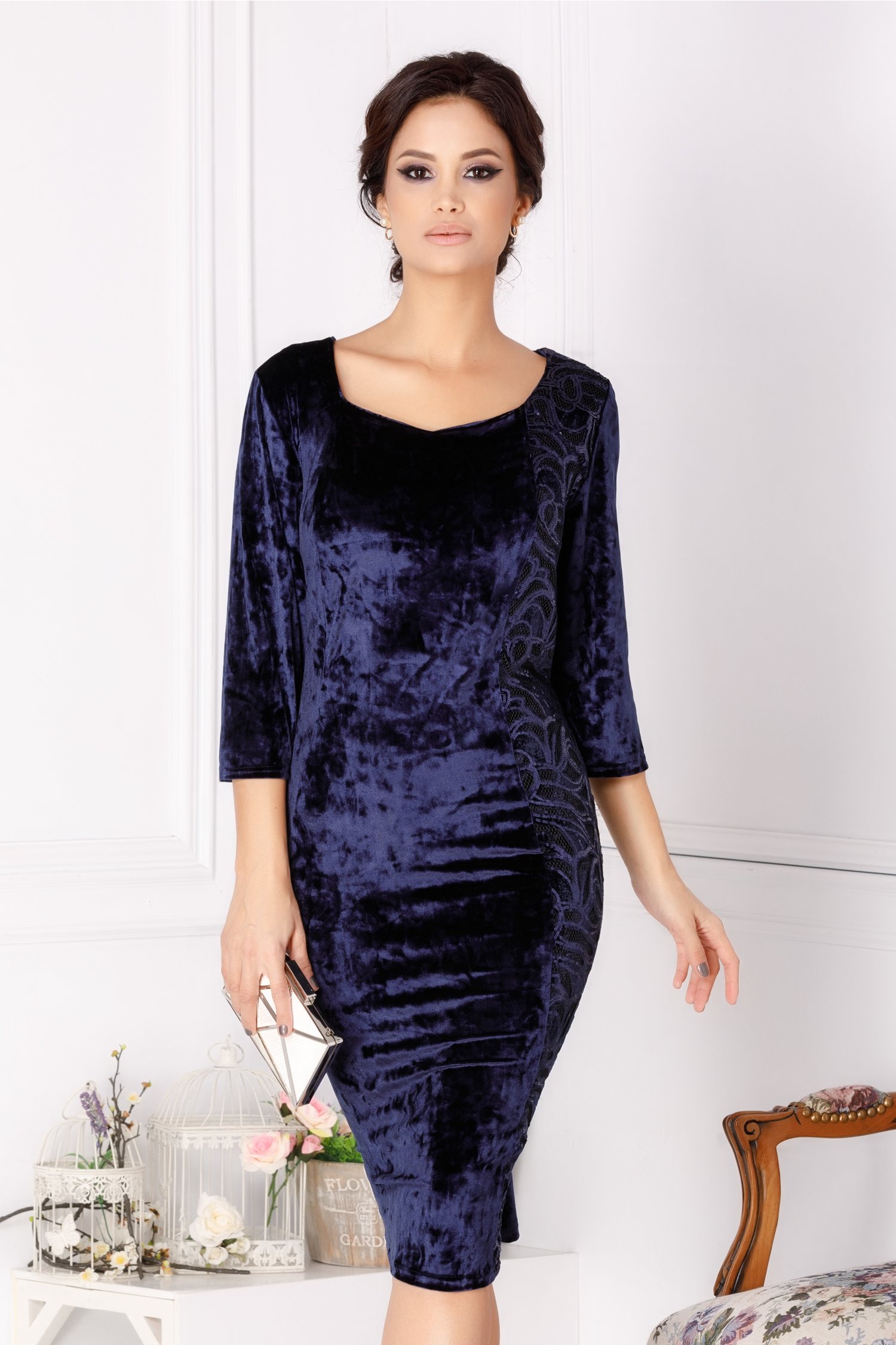 Rochie Melissa din catifea bleumarin cu paiete