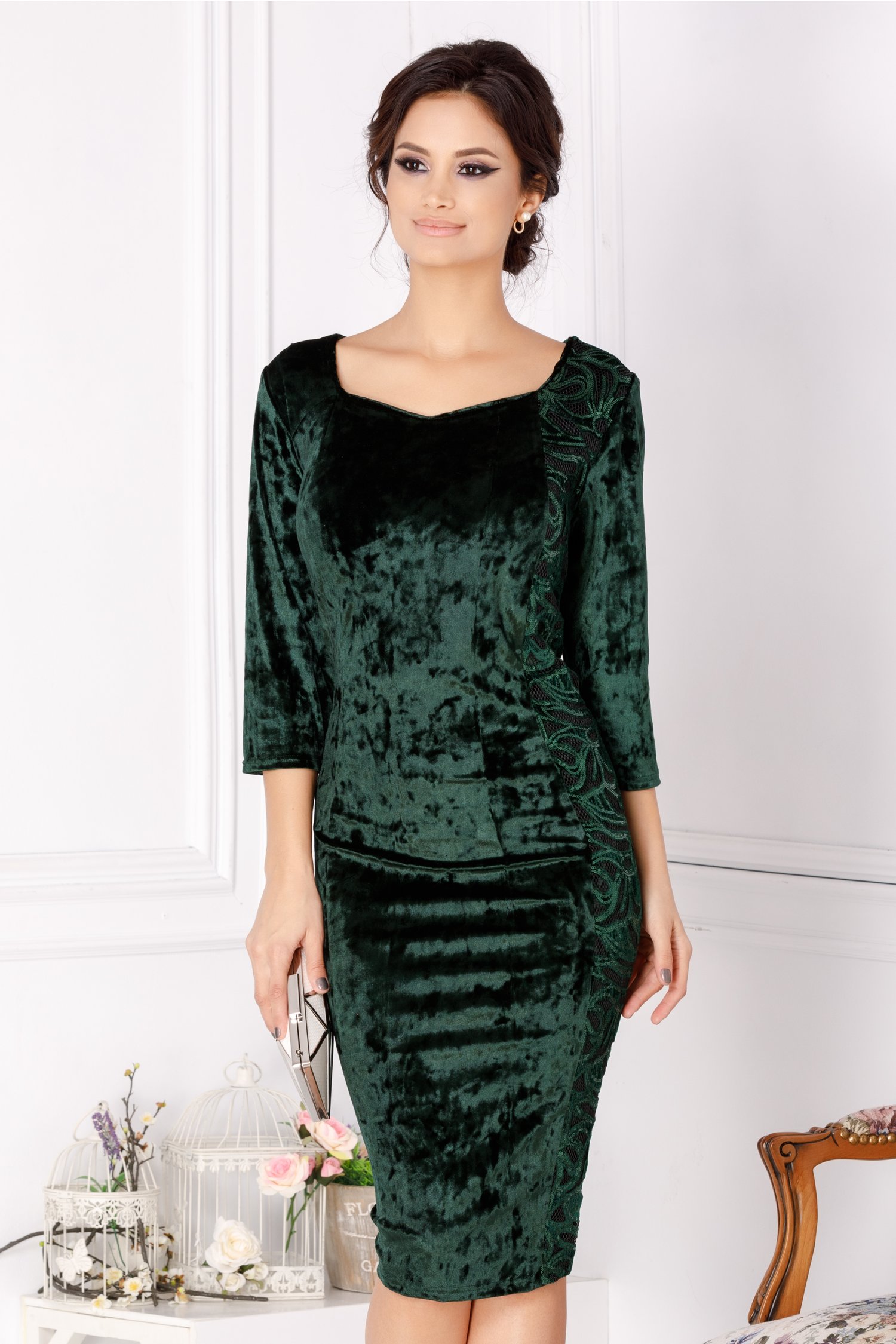 Rochie Melissa din catifea verde cu paiete