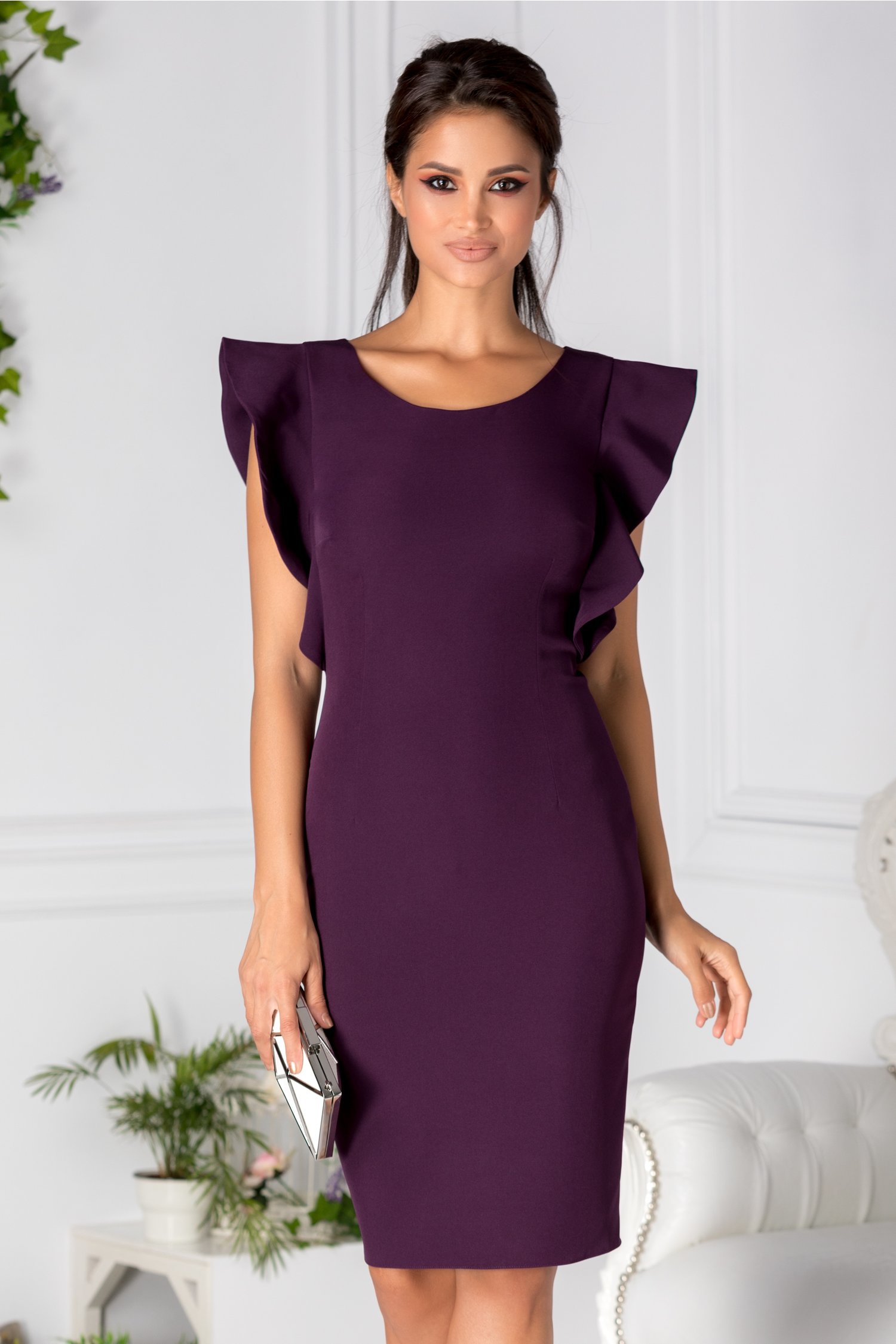 Rochie Mella conica mov cu volanase la maneci