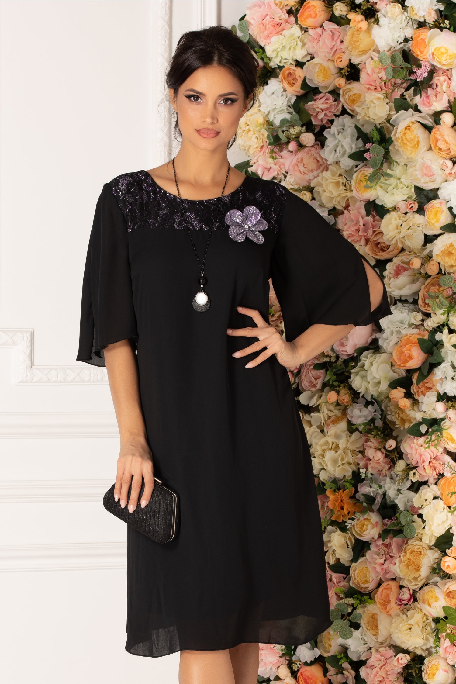 Rochie Micaela neagra din voal cu insertii din dantela aplicata pe lurex