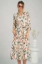 Rochie midi bej cu imprimeu caramiziu si cordon in talie, 1, dyfashion.ro