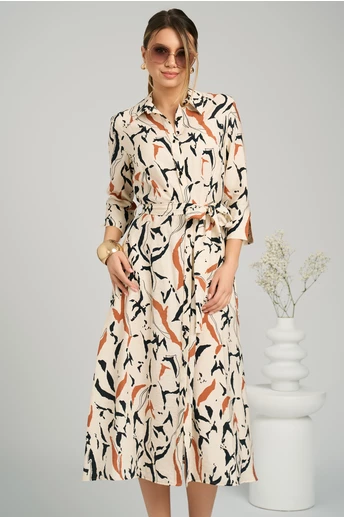 Rochie midi bej cu imprimeu caramiziu si cordon in talie