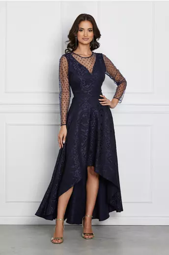 Rochie Mihaela bleumarin cu model in relief si buline pe maneci
