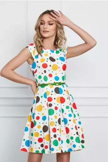 Rochie Mihaela ivory cu buline colorate si cordon in talie